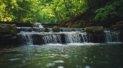 Fototapeta premium Small cascading waterfall flows gently over natural brown rocks in a lush green forest. Clear water bubbles and sparkles in sunlight, creating a tranquil and refreshing atmosphere. Generative AI