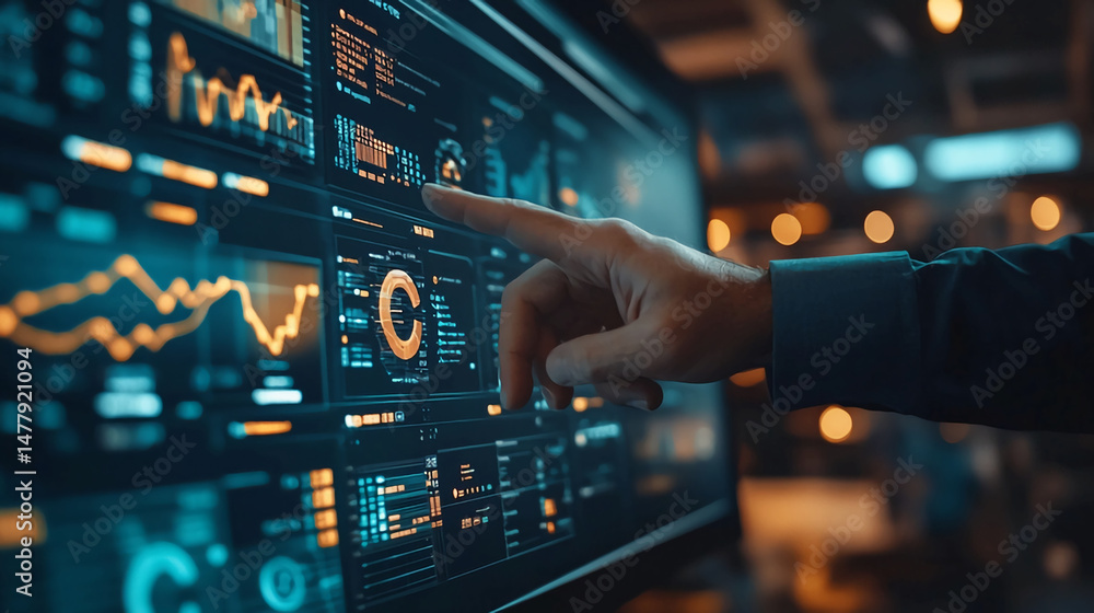 Poster analyzing financial data trends on interactive dashboard for business intelligence and data visualiz