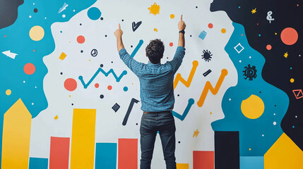 Man celebrating success in front of abstract data chart wall for business and financial growth concept