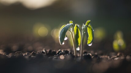 Close-up of young green sprouts with droplets in soft sunlight, symbolizing growth and renewal.