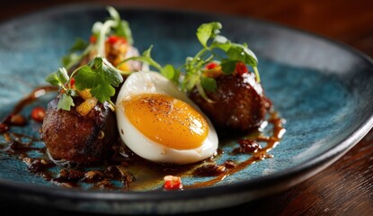 Gourmet Meatballs with Soft Boiled Egg and Garnish