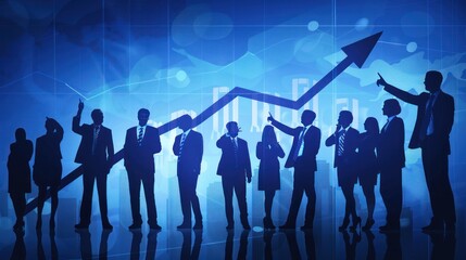 Silhouetted businesspeople look at a rising graph arrow over a blue background