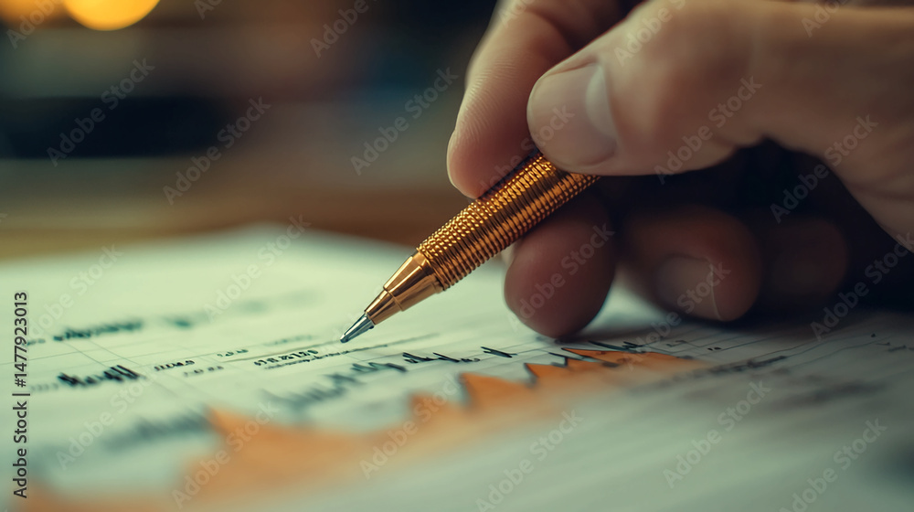 Poster analyzing data with mechanical pencil on graph report for business finance and accounting strategy
