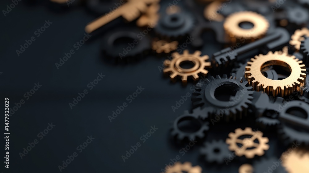 Poster mechanical gears and wrench precision engineering and technical design on dark surface