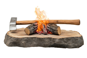 Axe, Wood Logs, and Fire on a Wood Stump Isolated on Black