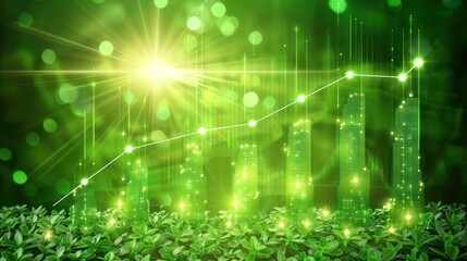 A visual representation of growth and success, featuring a line graph over a green landscape with a sun