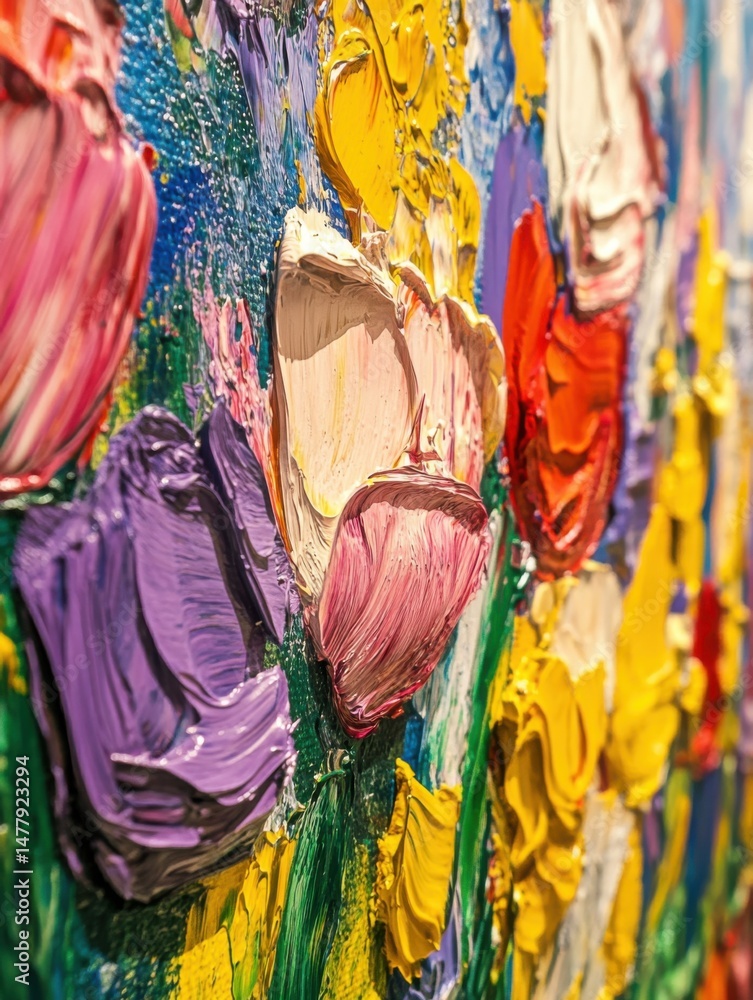 Poster impasto flower painting close up showing texture and depth of color in an abstract style of floral a