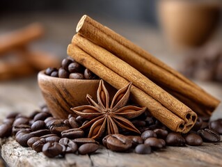 Coffee beans spices and wooden vessel