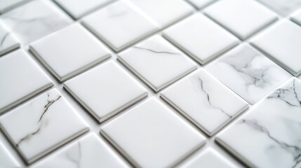 Elegant White Marble Tile Pattern - Close-up view of a stylish arrangement of white marble tiles, showcasing their subtle veining and clean lines. Perfect for design and home decor