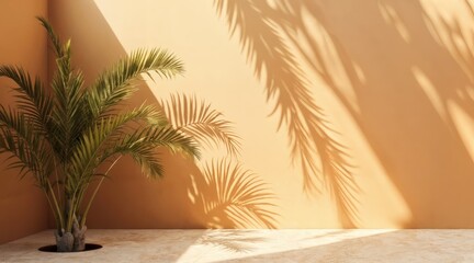 Sunlit Palm Shadows on Warm Sandstone Surface