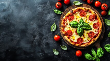 Delicious Pizza with Tomatoes and Basil - Food Photography