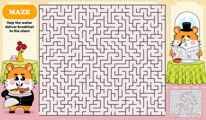 Square maze activity page for kids. Help waiter find the way to client, cartoon style