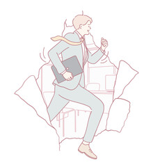 A businessman sprints through obstacles with a sturdy laptop bag, showcasing resilience and strength