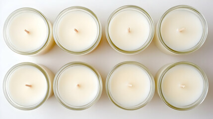 Eight soy candles in glass jars on white background; overhead view; perfect for online shop, packaging, or candle-making tutorials