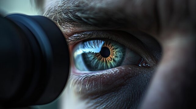 Close-up eye peering through lens, reflecting scene.