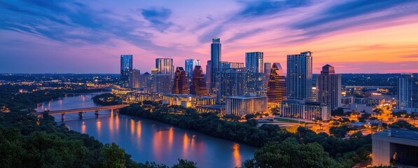 Austin Texas Cityscape at Twilight River Reflects Colorful Sunset Skyline Panorama