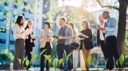 Diverse group of professionals discussing environmental initiatives outdoors with new plants in focus.