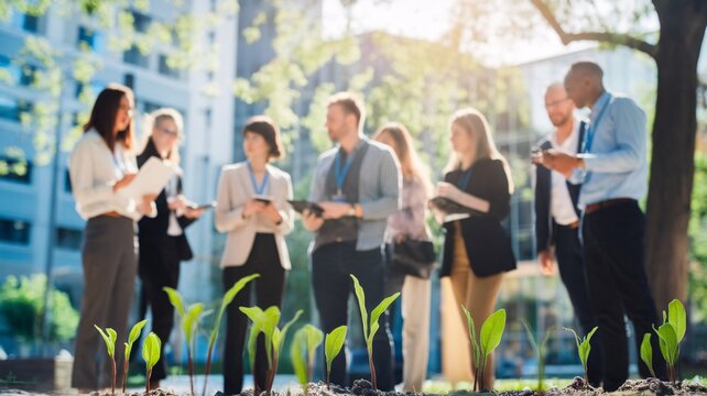 Diverse group of professionals discussing environmental initiatives outdoors with new plants in focus.