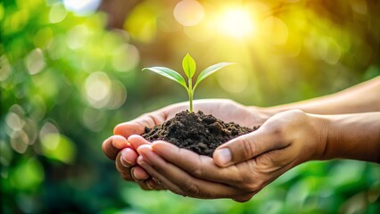 Hands holding soil with a small plant growing in it