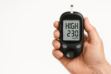 Close-up of hand holding glucose meter displaying high blood sugar reading. concept of glucometer, health monitoring, diabetes awareness, medical device, white background, Copy space