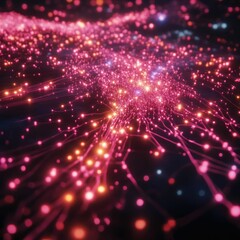Glowing network; pink, orange nodes and lines.