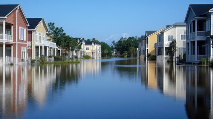 Fototapeta premium Flooded Suburban Neighborhood Houses Reflecting in Water Level Rise Climate Change Disaster Wide Shot
