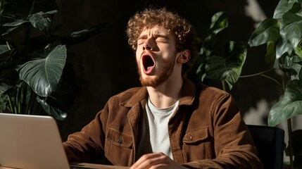 Tired man yawning while working on laptop in natural indoor workspace setting. man yawning while sitting at desk with laptop, natural light, indoor plants background. fatigue and remote work burnout