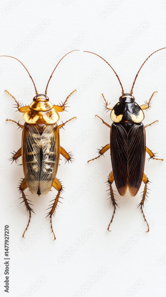 Poster two cockroaches side by side macro shot on white background showing details of exoskeleton and body 