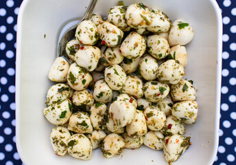 A close-up bowl of mozzarella cheese 