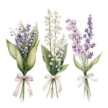 Watercolor floral bouquets lavender lily of the valley illustration on transparent background