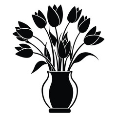 Black Silhouette of Tulips in a Vase, Stylized Floral Arrangement Illustration