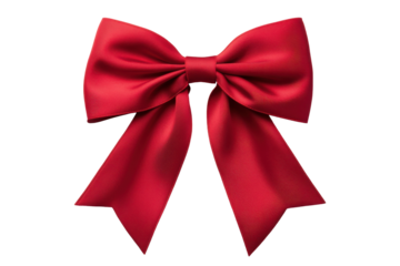 Elegant red satin ribbon bow on black background presents a celebratory atmosphere and festive decoration