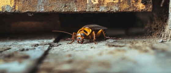 American Cockroach Close-Up Crawling from Dark Crevice in Urban Setting Low Angle Shot