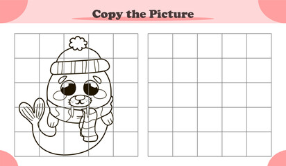 Copy the image activity game for kids with cute walrus in winter clothes, cartoon style