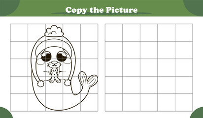 Copy the image activity game for kids with cute walrus with Christmas cookie, cartoon style