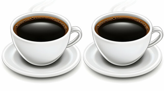 Two cups of hot black coffee on saucers, isolated on white background; ideal for menus or coffee-related advertisements