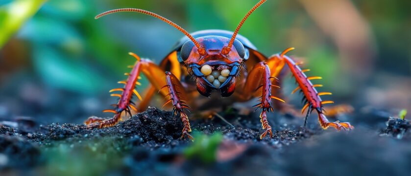 Close-up of a Surinam cockroach with visible ootheca walking on the ground in a garden, macro photography with shallow depth of field