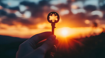 Hand Holding an Ornate Key Silhouetted Against a Vibrant Sunset