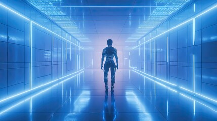 Fototapeta premium Futuristic corridor, glowing blue, figure walks ahead.