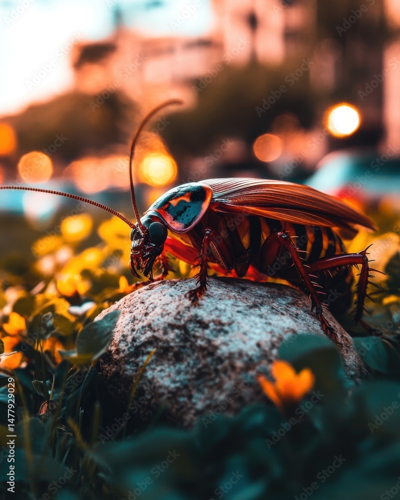 Aufkleber cockroach close up on rock in garden setting with bokeh background macro insect photography