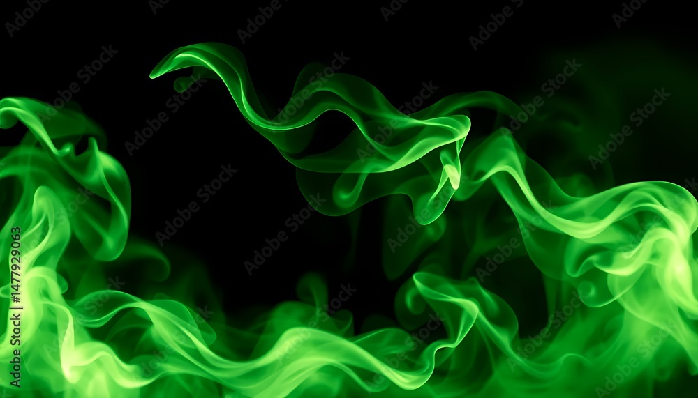 Poster abstract green smoke swirls against black background ethereal flowing motion isolated element perfec
