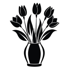 Elegant Black Silhouette Vase with Tulips, Leaves, Floral Still Life, Graphic Design