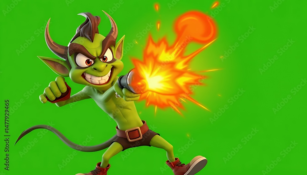 Poster angry green goblin isolated on green screen firing fireball from cannon for game element and vfx hal