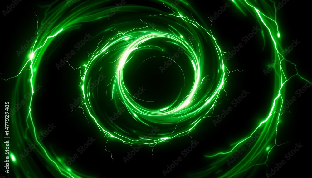 Poster animated bright green circular portal effect with swirling patterns and lightning isolated by green 