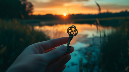 Hand Holding Antique Key at Sunset Riverbank