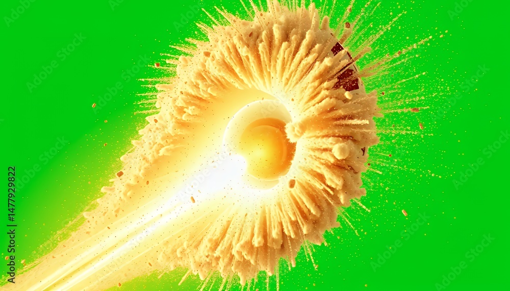 Poster bright orange explosion with beige debris isolated on green screen 3d isometric design for visual ef