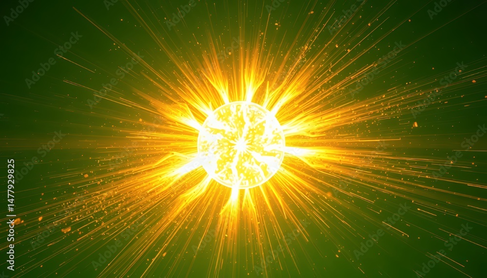 Poster bright orange light particles bursting from central point isolated by green screen for visual effect