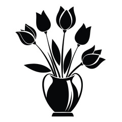 Elegant black tulips in vase floral design, simple vector flower arrangement
