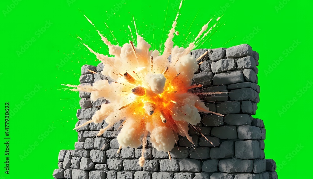Poster destruction of stone wall by massive explosion isolated on green screen background perfect for 3d is