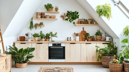 A bright, airy, plant-filled kitchen with wooden cabinetry.